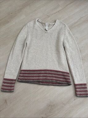 J. Jill Cream V-Neck Sweater with Burgundy and Gray Stripes